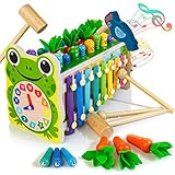 WOODMAM 6-in-1 Hammerspielzeug Montessori Holzspielzeug Klopfbank mit Xylophon Lernuhr...