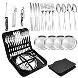 Campingbesteck Set für 4 Personen - Tragbares Edelstahl Outdoor Geschirr Set für Camping, Picknick...