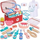 BUOAZR Arztkoffer Kinder Holz Spielset, 27-teiliges Doktorkoffer Kinder Mit Echtem Stethoskop,...
