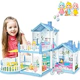 deAO Dollhouse, Puppenhaus Spielzeug-Set, Blau Villa doll house mit 3 Zimmer, 2 Etagen,...