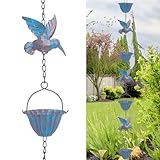 Tefola 2,4m Regenkette mit Kolibris - Regenablaufkette aus Metall in Retro-Blau, 7 Vögel & 7 Tassen...