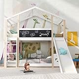Kinderbett Etagenbett 90x200 cm, Hausbett mit Rutsche und Tafel, Hochbett für 2 Kinder,...