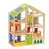 Hape Vier-Jahreszeiten Puppenhaus aus Holz Preisgekröntes dreistöckiges Puppenhaus mit Mobiliar,...