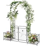 FANTASK Rosenbogen mit Tür, Gartenbogen Metall, Torbogen mit 2 Pflanzgefäßen, Rankbogen für...