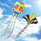 COOLJOY Drachen 2 Pack Kites Regenbogen-Delta Lenkdrachen und Roter Lenkdrachen Kinder, Drachen für...
