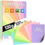 Pastell Tonzeichenpapier DIN A4 - 100 Blatt– 130 g - 10 Farben – Festes Papier - Farbige Pastel...
