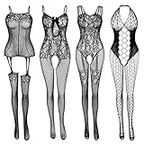 Damen Fischnetz Bodys Dessous Nachtwäsche Spitze Strümpfe Blumen für Romantische Datum Tragen...