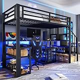 Kinderbett Hochbett 90x200 cm,Metallbett mit LED-Lichtleiste und USB-Anschluss,mit Treppe und...