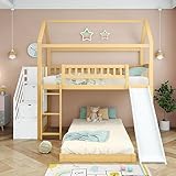 FEZTOY Kinder Bett mit Rutsche, Hausbett 90x200, Etagenbett für 2 Kinder, Hochbett mit Treppe...