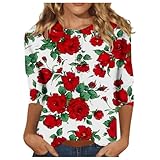 Tshirt Damen 3/4 Ärmel Mit Blume Drucken Sommer Basic Tee Shirt Pullover Sportshirt O Ausschnitt...