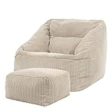 Icon Riesen Sitzsack Sessel „Morgan“ mit Hocker, Beige, Cord XXL Sitzsack Erwachsene mit...