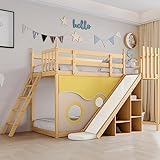 Kinderbett 90x200cm, Holzbett mit Treppe und Zäune, mit Bettvorhang, Rutsche und Regal, Etagenbett...