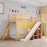 Kinderbett 90x200cm, Holzbett mit Treppe und Zäune, mit Bettvorhang, Rutsche und Regal, Etagenbett...