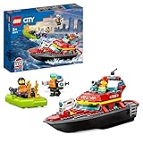 LEGO 60373 City Feuerwehrboot, Spielzeug, das im Wasser schwimmt, mit Rennboot, 3 Minifiguren und...