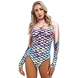 dPois Damen Meerjungfrau Badeanzug Langarm Schwimmanzug mit 3D Fischschuppe Druck UV-Schutz Sommer...