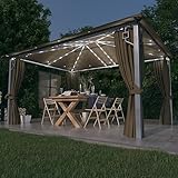 Pavillon mit Vorhang & LED-Lichterkette 4x3m taupe Aluminium