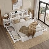Holzbett, Doppelbett, mit Lattenrost und Kopfteil, mit 2 ausziehbaren Nachttischen, mit...