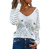 Damen Baumwolle Blumendruck Pullover Lose Sexy Niedriger Kragen Shirt Tops Casual Stitching...