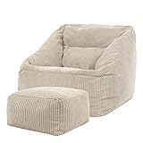 Icon Natalia Sitzsack Sessel mit Hocker für Erwachsene, Beige, Flauschiger Cord Stoff, Riesen...