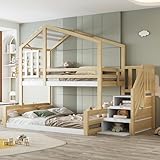 Gegtuon Etagenbett Bett 90x200 & 140x200 cm, Kinderbett Hochbett mit Stauraum Treppe und Dach,...