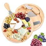 Wvu & Wvo Käsebrett mit Käsemesser Set, 21cm Rund Servierplatte aus Holz für Käse und...