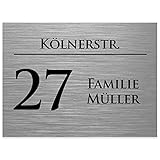 Hausnummernschild mit Gravur Nummer, Straßenname und Name Silber gebürstet - UV-beständig -...