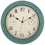 Foxtop Wasserdicht Lautlos Wanduhr mit Thermometer und Hygrometer, 30cm Outdoor Retro Gartenuhr...