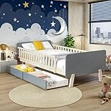 Praktisches Kinderbett mit 2 Schubladen | Robustes Einzelbett 90x190 cm in Grau | Massivholz & inkl....
