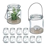 Relaxdays Windlicht Glas, 12er Set, Teelichthalter mit Henkel, HxD: 9,5 x 8 cm, runde Kerzengläser,...