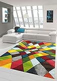 Teppich-Traum Moderner Teppich Wohnzimmer abstraktes Design buntes Rautenmuster grün gelb orange...