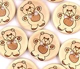 12 wunderschöne Holzknöpfe rund natur mit Teddy-Aufdruck- 15mm 2 Löcher zum aufnähen annähen...