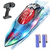 DEERC Ferngesteuertes Boot mit LED-Licht, RC Boot 15 KM/H, 2,4-GHz Rennboote, 2 Batterien für 80...