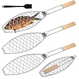 3 x Fischbräter, Edelstahl Fisch Grillhalter mit Holzgriff, 62 x 12 cm Fischgrillgitter, Fischzange...