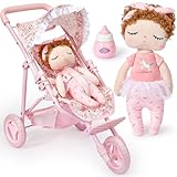 G.C Puppenwagen ab 3 Jahre mit 34 cm Stoffpuppe Spielzeug Mädchen, 55cm Puppenkinderwagen mit...