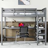 Merax Hochbett mit Schreibtisch und Lagerregal 90x200cm, Kinderbett Bettgestell mit Lattenrost &...