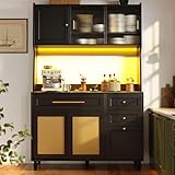 Küchenschrank Küche Schwarz 195,5 cm Mit LED Lichtleiste, PE-Rattan Front, Vitrinenschrank Oben...
