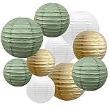 10 Stück Papier Laterne rund Lampenschirm Salbei grün weiß und Gold Runde Papier Laterne...