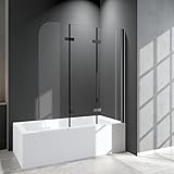 Duschabtrennung für Badewanne 3-teilig 140x140cm Glas Duschwand, Schwarz Faltbar Badewannenaufsatz...