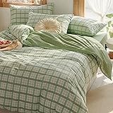 Omela Bettwäsche 135x200 Grün Kariert Microfaser Bettbezug mit Reißverschluss Landhausstil...