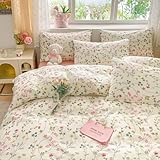 Covebett Bettwäsche 135x200 Baumwolle Weiß Rosa Blumen Blätter Pflanzenmuster Bettwäsche Set...