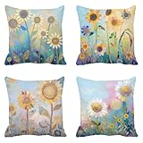 Kissenbezug 55x55 4er Set Sofakissen Sonnenblumen Kopfkissenbezug Blau Dekokissen Leinen...
