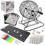 UVVRUR Bingo Spiel Set, Metalltrommel, 18 Tickets, 75 Kugeln, 150 Chips, Spielbrett, 500 Karten,...