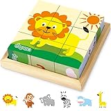 Japace Würfelpuzzle Holz, 3D Bilderwürfel Puzzlespiele 6 in 1 Tier-Motive Holzpuzzle Montessori...