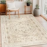 Capslpad Beige Vintage Teppich Wohnzimmer 120x180cm Retro rutschfest Kurzflor Kunstwolle Teppich...