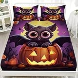 Weich Mikrofaser Spannbettlaken 180x200cm Halloween-Thema Atmungsaktive Spannbetttuch und 2...
