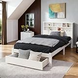 Jugend- und Erwachsenenbett aus Massivholz, 90x200 cm Einzelbett in Weiß mit Schubladen, Lattenrost...