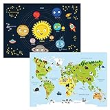 kizibi® Weltkarte und Planeten Poster Set A2 für Kinderzimmer, Lernposter für Mädchen und...