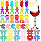 RUIJIE Glasmarker Glasmarkierer Silikon, 42 Stück Bunte Glas Markierung Weinglasmarkierer, Wein...