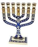 Goldene Menora 7 Zweige 12 Stämme Israels Jerusalem Menora blaue Emaille 11,9 cm