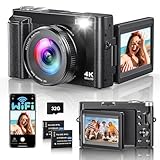 4K 64MP Digitalkamera mit WLAN, 16X Digitalzoom, 180° Flip Screen Autofokus Vlogging Fotoapparat...